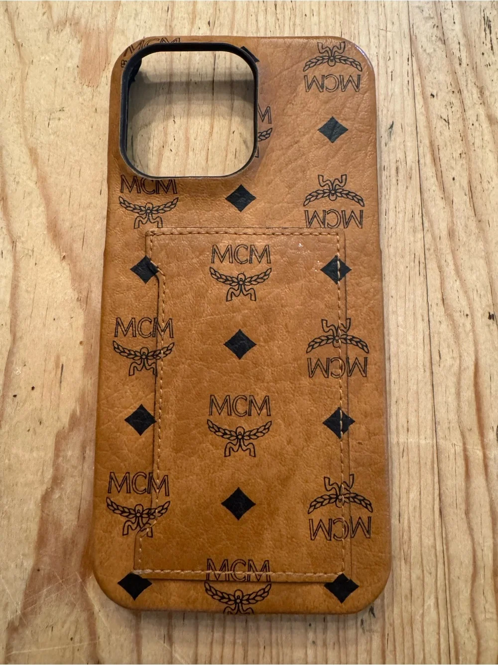 Designer MCM Cognac Leather Phone Case with Card Pocket for iPhone 14 ProMax